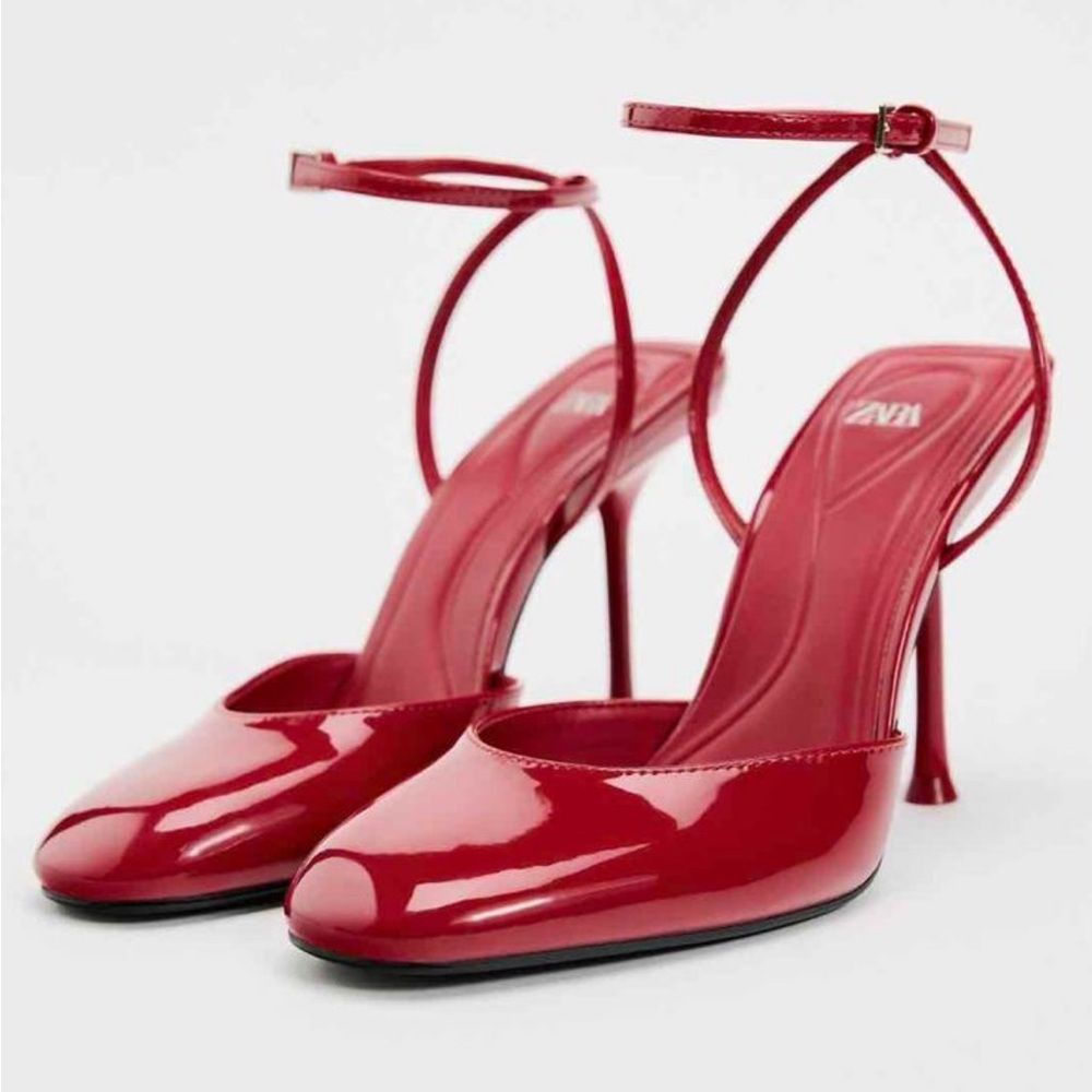 Red Patent Ankle-Strap High Heels